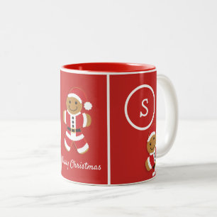 Merry Christmas Monogram Gingerbread Santa Red Two-Tone Coffee Mug