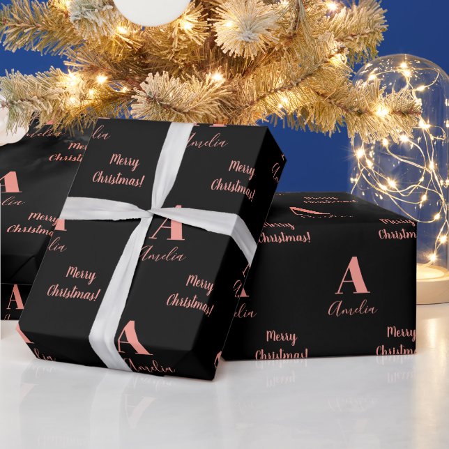 Merry Christmas Monogram Name Black Rose Gold Wrapping Paper (Holidays)