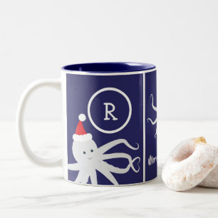 Merry Christmas Monogram Octopus Santa Hat Blue Two-Tone Coffee Mug