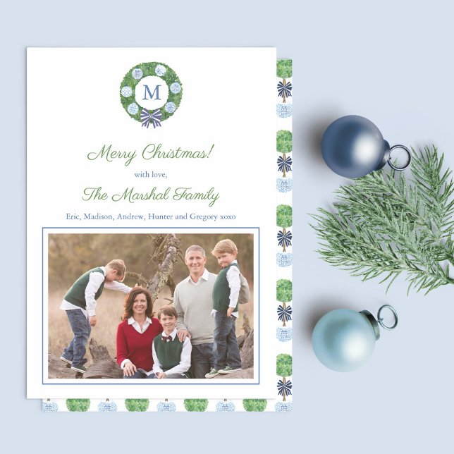 Merry Christmas Monogram Watercolor Boxwood Wreath Holiday Card (Preppy boxwood with blue bow chinoiserie holiday photocard design)