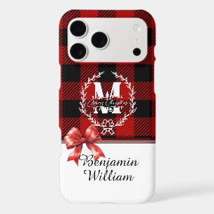 Merry Christmas Monogram Wreath Buffalo Plaid
