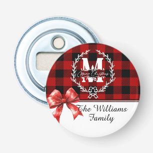 Merry Christmas Monogram Wreath Buffalo Plaid Bottle Opener
