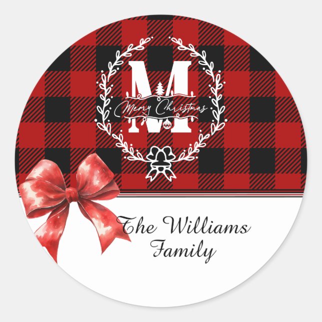 Merry Christmas Monogram Wreath Buffalo Plaid Classic Round Sticker (Front)