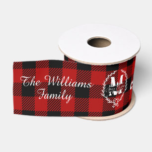 Merry Christmas Monogram Wreath Buffalo Plaid Grosgrain Ribbon