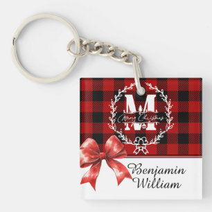 Merry Christmas Monogram Wreath Buffalo Plaid Key Ring