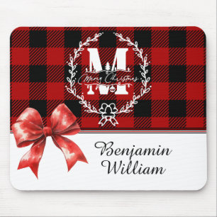 Merry Christmas Monogram Wreath Buffalo Plaid Mouse Mat