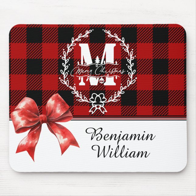 Merry Christmas Monogram Wreath Buffalo Plaid Mouse Mat (Front)