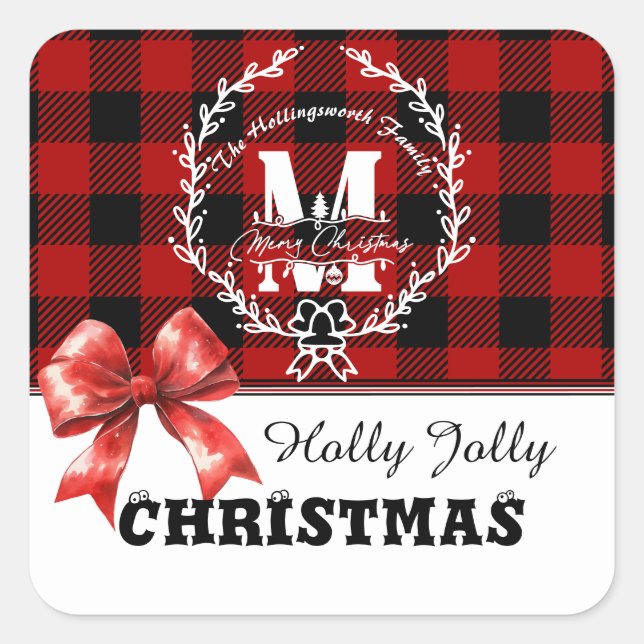 Merry Christmas Monogram Wreath Buffalo Plaid Square Sticker (Front)