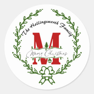 Merry Christmas Monogram Wreath Classic Round Sticker