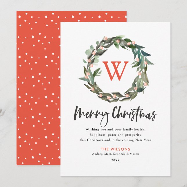 Merry Christmas Monogram Wreath Holiday Card (Front/Back)
