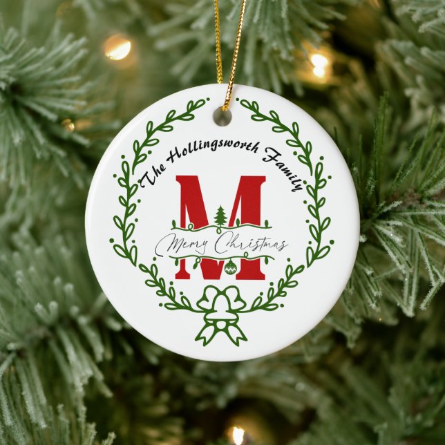 Merry Christmas Monogram Wreath Ornament (Tree)