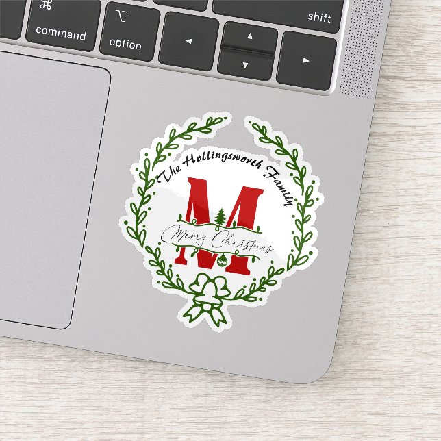 Merry Christmas Monogram Wreath Vinyl Sticker (Detail)