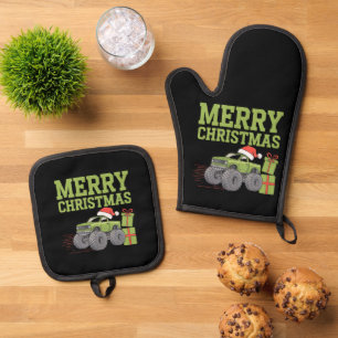 Merry Christmas Monster Truck Toddler Boys Xmas  Oven Mitt & Pot Holder Set