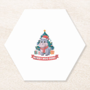 Merry Christmas Moo Deng Christmas Baby Hippo Tank Paper Coaster