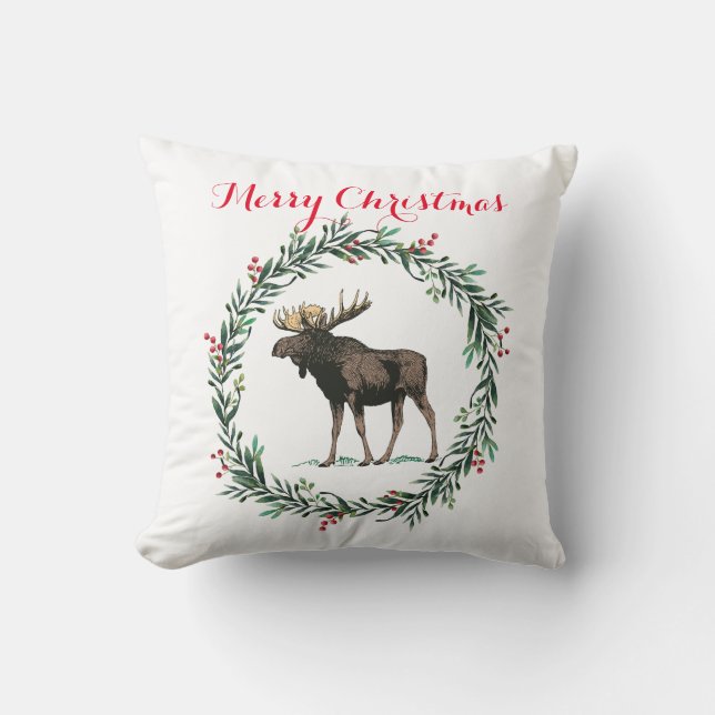 Merry Christmas Moose And Holly Wreath Cushion (Front)