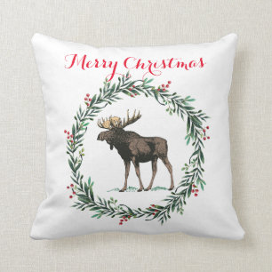 Merry Christmas Moose And Holly Wreath Cushion