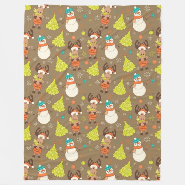 Merry Christmas Moose And Snowman Fleece Blanket (Front)
