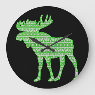 MERRY CHRISTMAS MOOSE GREEN DEER LARGE CLOCK
