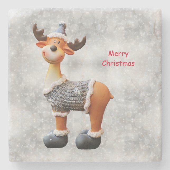 Merry Christmas moose wearing a hat    Beverage Co Stone Coaster (Front)