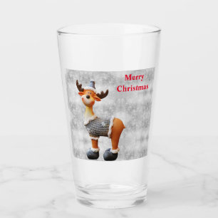 Merry Christmas moose wearing a hat Glass