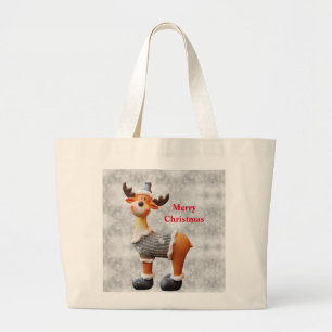 Merry Christmas moose wearing a hat Large Tote Bag
