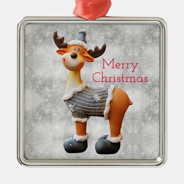 Merry Christmas moose wearing a hat      Metal Tree Decoration (Front)