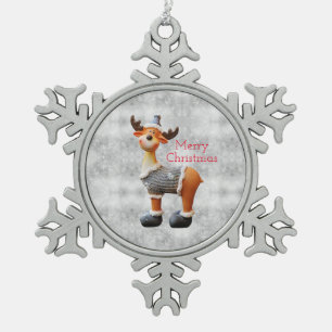 Merry Christmas moose wearing a hat      Snowflake Pewter Christmas Ornament