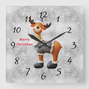 Merry Christmas moose wearing a hat      Square Wall Clock