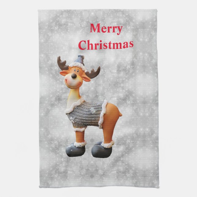 Merry Christmas moose wearing a hat           Tea Towel (Vertical)