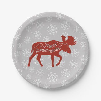 Merry Christmas Moose with Snowflakes Paper Plate