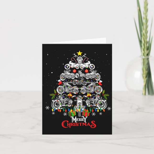 Merry Christmas Motorcycle Tree Christmas Lights B Card (Front)
