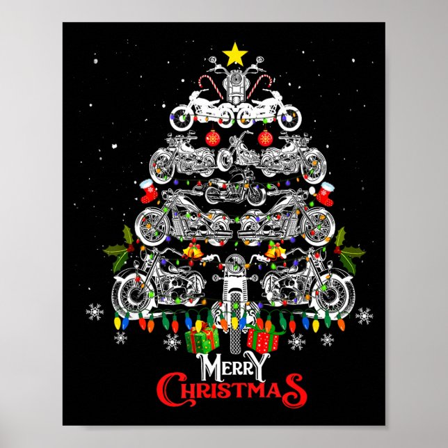 Merry Christmas Motorcycle Tree Christmas Lights B Poster (Front)