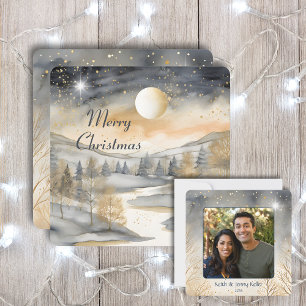 Merry Christmas Mountain River Family Photo Name  Card