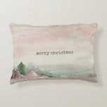 Merry Christmas Mountain Watercolor   Decorative Cushion<br><div class="desc">Mountain and pine tree watercolor abstract scene in plum and green colours with Merry Christmas text.
Text can be edited.</div>