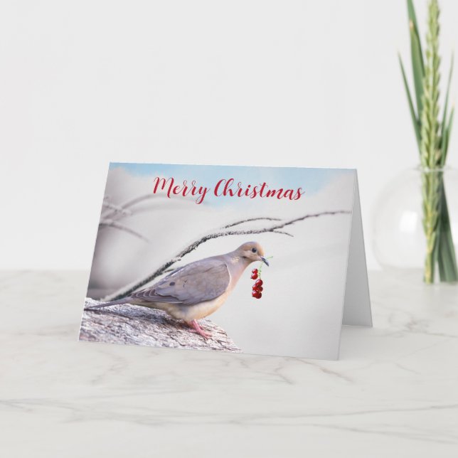 Merry Christmas Mourning Dove and Red Berries Holiday Card (Front)