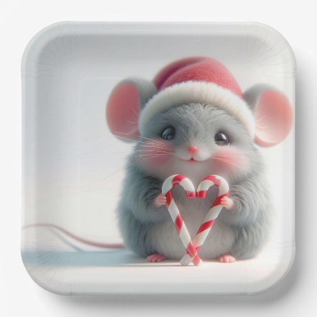 Merry Christmas Mouse With Candy Cane Heart Paper Plate (Front)