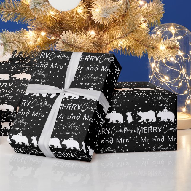 Merry Christmas Mr & Mrs Polar Bear Family Black Wrapping Paper (Holidays)