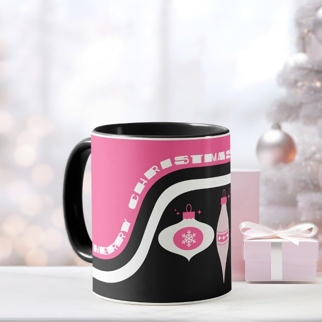 Merry Christmas Mug With Pink And Black Ornaments (Christmas mug pink and black merry Christmas color mug Christmas gift idea)
