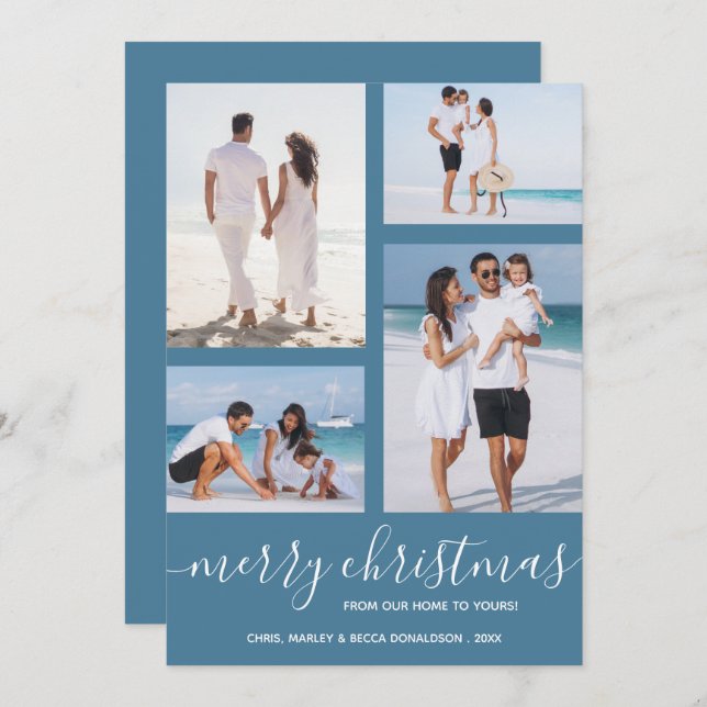 Merry Christmas Multi Photo Blue Holiday Card (Front/Back)