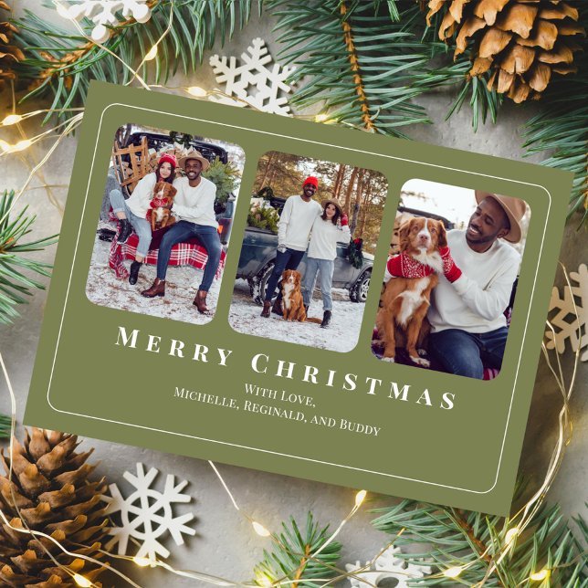 Merry Christmas Multi Photo Botanical Holly Holiday Card (Celebrate the Holidays in style with watercolor greenery and bold solid dark green. )