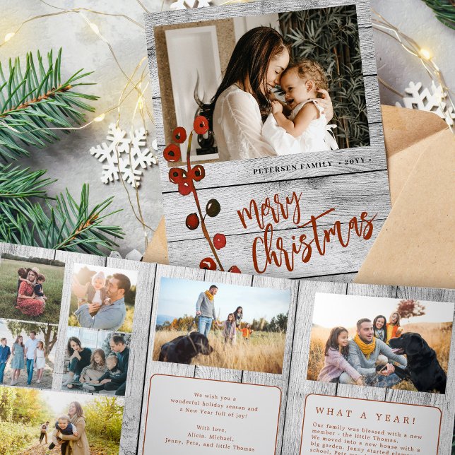 Merry Christmas multi photo family rustic wood Tri-Fold Holiday Card (Creator Uploaded)