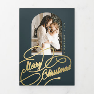 Merry Christmas multi photo family year in review Tri-Fold Holiday Card
