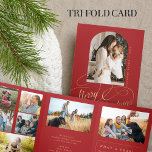 Merry Christmas multi photo family year in review  Tri-Fold Holiday Card<br><div class="desc">Modern stylish Merry Christmas faux gold classic calligraphy script family year in review 8 photo collage gallery red holiday card with your custom personalised text.</div>