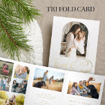 Merry Christmas multi photo family year in review  Tri-Fold Holiday Card<br><div class="desc">Modern stylish Merry Christmas faux gold classic calligraphy script family year in review 8 photo collage gallery clean white holiday card with your custom personalised text.</div>