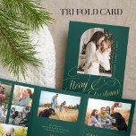 Merry Christmas multi photo family year in review  Tri-Fold Holiday Card<br><div class="desc">Modern stylish Merry Christmas faux gold classic calligraphy script family year in review 8 photo collage gallery green holiday card with your custom personalised text.</div>