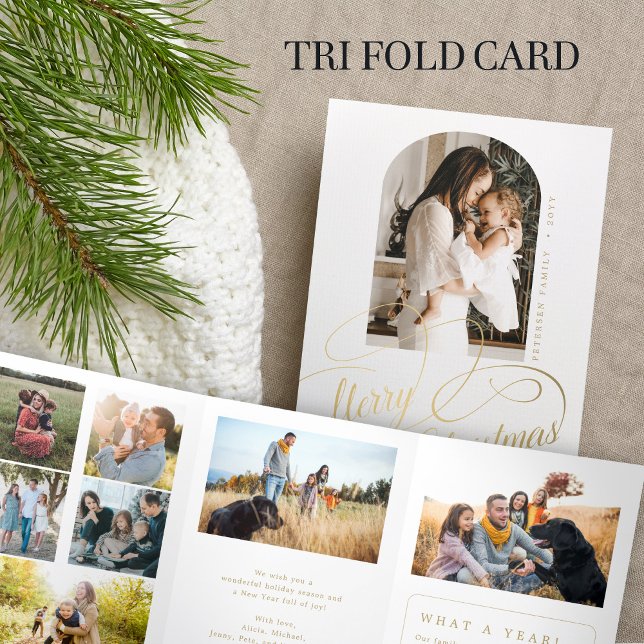 Merry Christmas multi photo family year in review  Tri-Fold Holiday Card (Creator Uploaded)