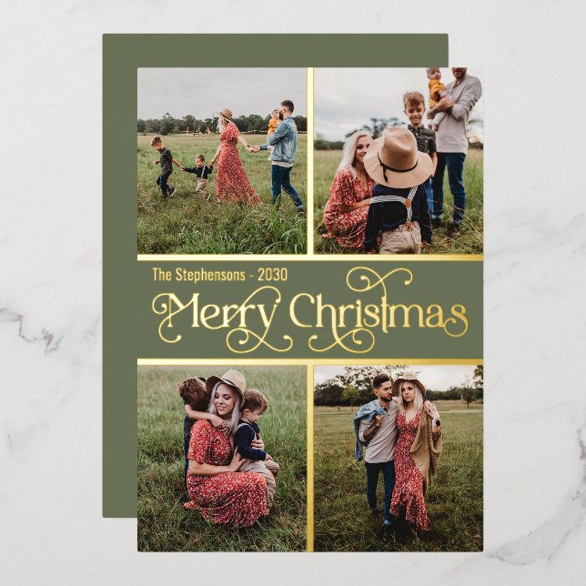 Merry Christmas Multi-photo Gold Foil Holiday Card (Front/Back)