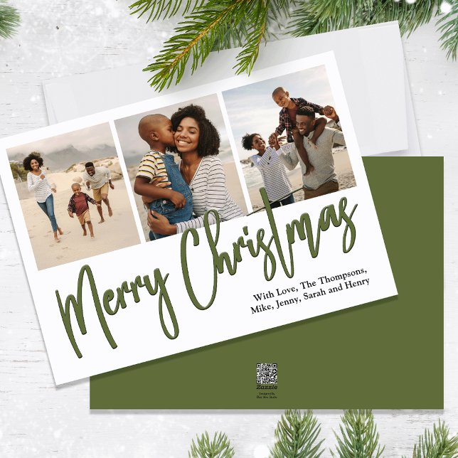 Merry Christmas Multi Photo Green Calligraphy  Holiday Card (Merry Christmas holiday photo card with a calligraphy script and forest green design. )