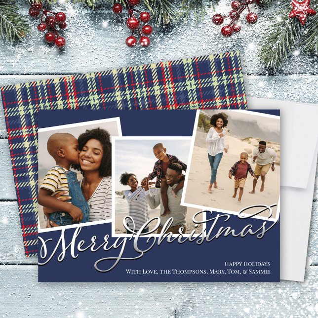 Merry Christmas Multi Photo Navy Blue Red Plaid Holiday Card (Merry Christmas Navy Blue Plaid Multi Photo Holiday Card)