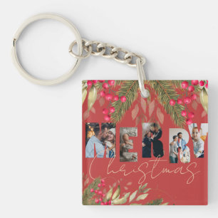 Merry Christmas Multi Photo Red Gold Holiday Gifts Key Ring